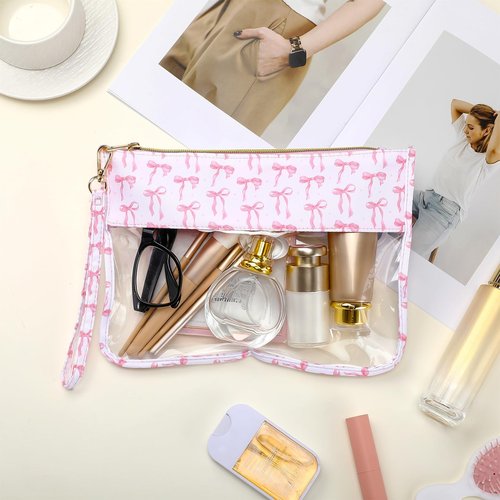 Kacctyen Pink Bow Clear Makeup Bag with Handle, Galentines Gifts for Women, Cute Coquette Zipper Cosmetic Bag Preppy Transparent Nylon Travel Organizer Portable Toiletry Pouch(Coquette)