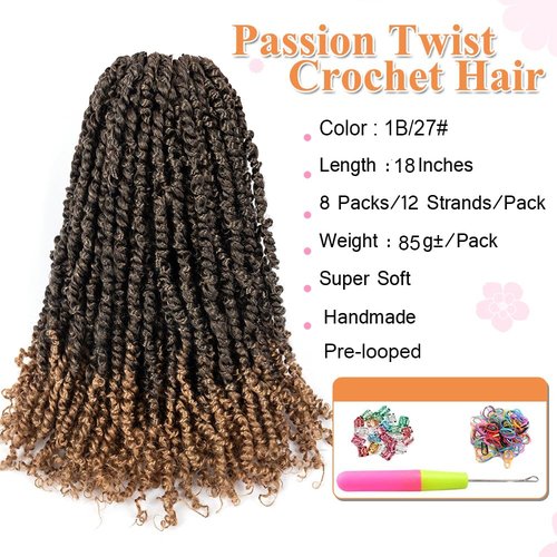 Umylar Passion Twist Hair 18 Inch 8 Packs Pre-twisted Passion Twist Crochet Hair Bohemian Braids Pre-looped Crochet Hair For Women Synthetic Hair Extension (18 Inch (Pack of 8), 1B/27#)