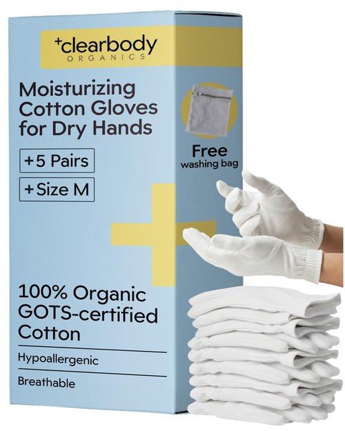 Clearbody Organics 100% Organic Cotton Gloves for Dry Hands Sleeping - Breathable Cotton for Eczema - Moisturizing Gloves Overnight (5 Pairs, Size M)