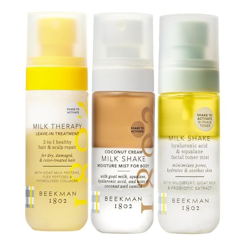 Beekman 1802 Milk Shake Bundle - Hydrating Face Mist, Body Oil, & Leave-In Treatment | Coconut Scent
