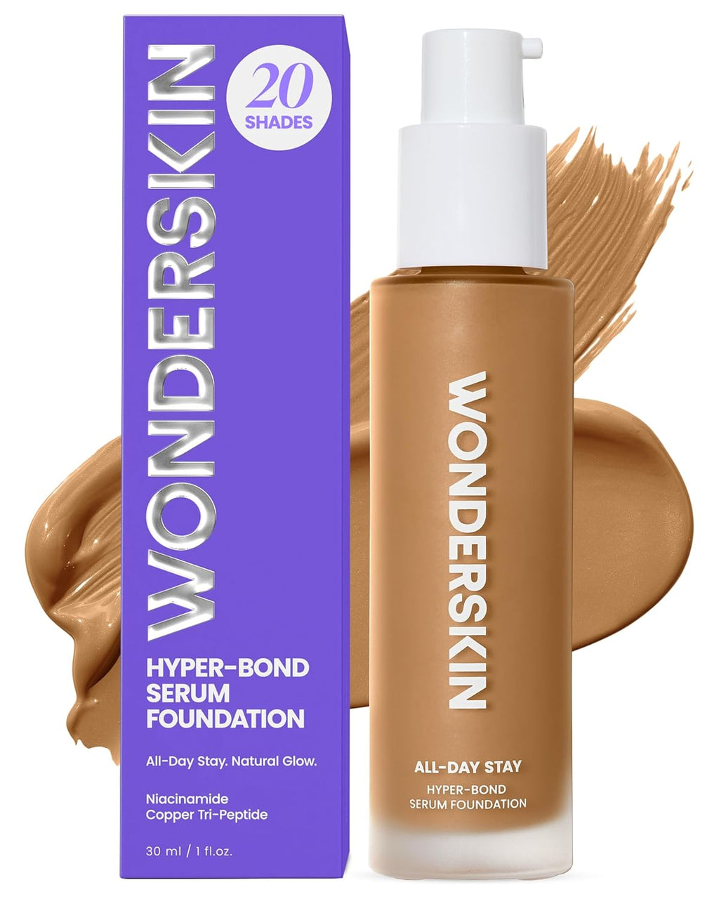 Wonderskin Hyper Bond All-Day Stay Serum Foundation - Waterproof & Transfer-Proof | 24HR Longwear with Niacinamide & Hyaluronic Acid - Lightweight Natural Finish (Afterglow)