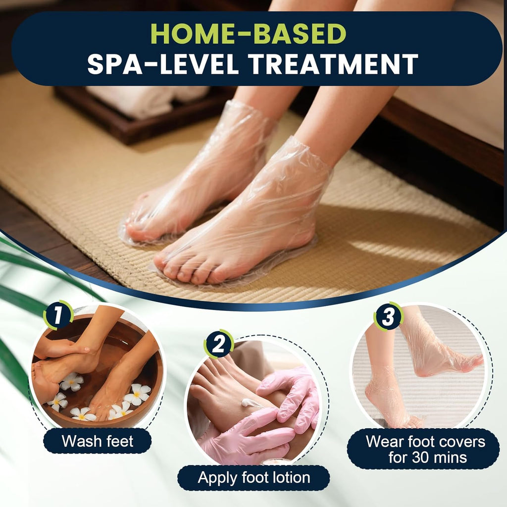 TEAWOO Plastic Foot Covers - Leak-Proof Moisturizing Foot Masks for Pedicure Care | 200PCS with Stickers (Fits Up to USA 9)
