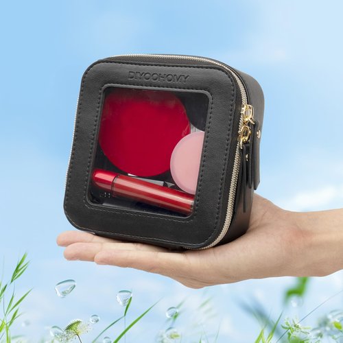 DIYOOHOMY Clear Makeup Bag with Zipper, Black Travel Toiletry Bag for Women, Mini Leather Cosmetic Organizer Case, Small Portable Purse Pouch