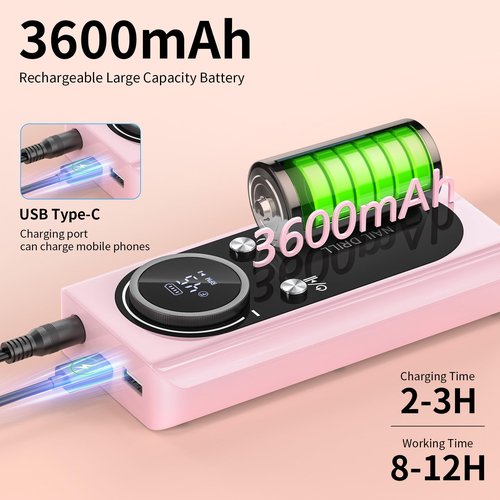 Electric Nail Drill Machine 45,000RPM - Professional Electric and Rechargeable Nail Drill with LCD Display, 6 Bits and 30 Sanding Bands, Low Heat Quiet E-File for Acrylic Gel Nails V9-3