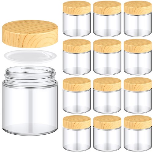 Norme 12 Pcs 4oz Glass Jars with Lids Empty Small Glass Containers and Inner Liners Reusable Cosmetic Jars Round Airtight Bottles with Plastic Wood Grain Lids for Travel