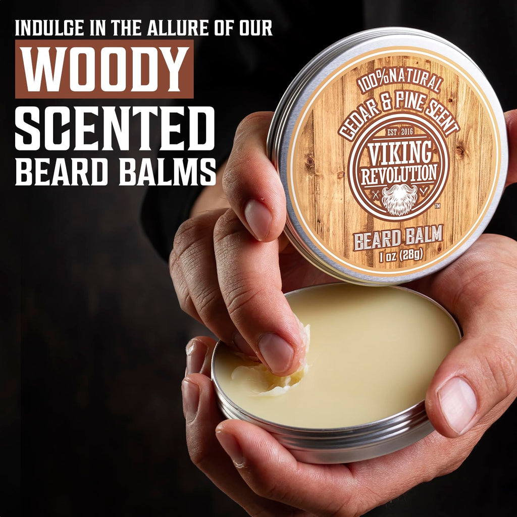 Viking Revolution Beard Balm Variety Pack - Styles, Strengthens & Softens Beards | 1oz Each - Sandalwood, Pine & Cedar, Bay Rum, Clary Sage