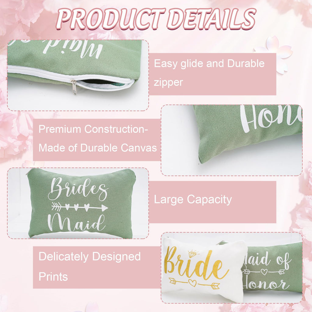 Whaline 8Pcs Bridesmaids Makeup Bags Wedding Bridal Cosmetic Canvas Organizer Bag Sage Green Maid of Honor Zipper Cosmetic Pouch for Women Wedding Bridal Shower Party Favor Supplies