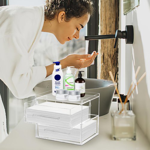 LEIFEOSH Disposable Face Towel Storage Box Acrylic Face Towel Box with Two Drawers for Clean Skin Club Clean Towels Wall-Mountable Makeup Organizer