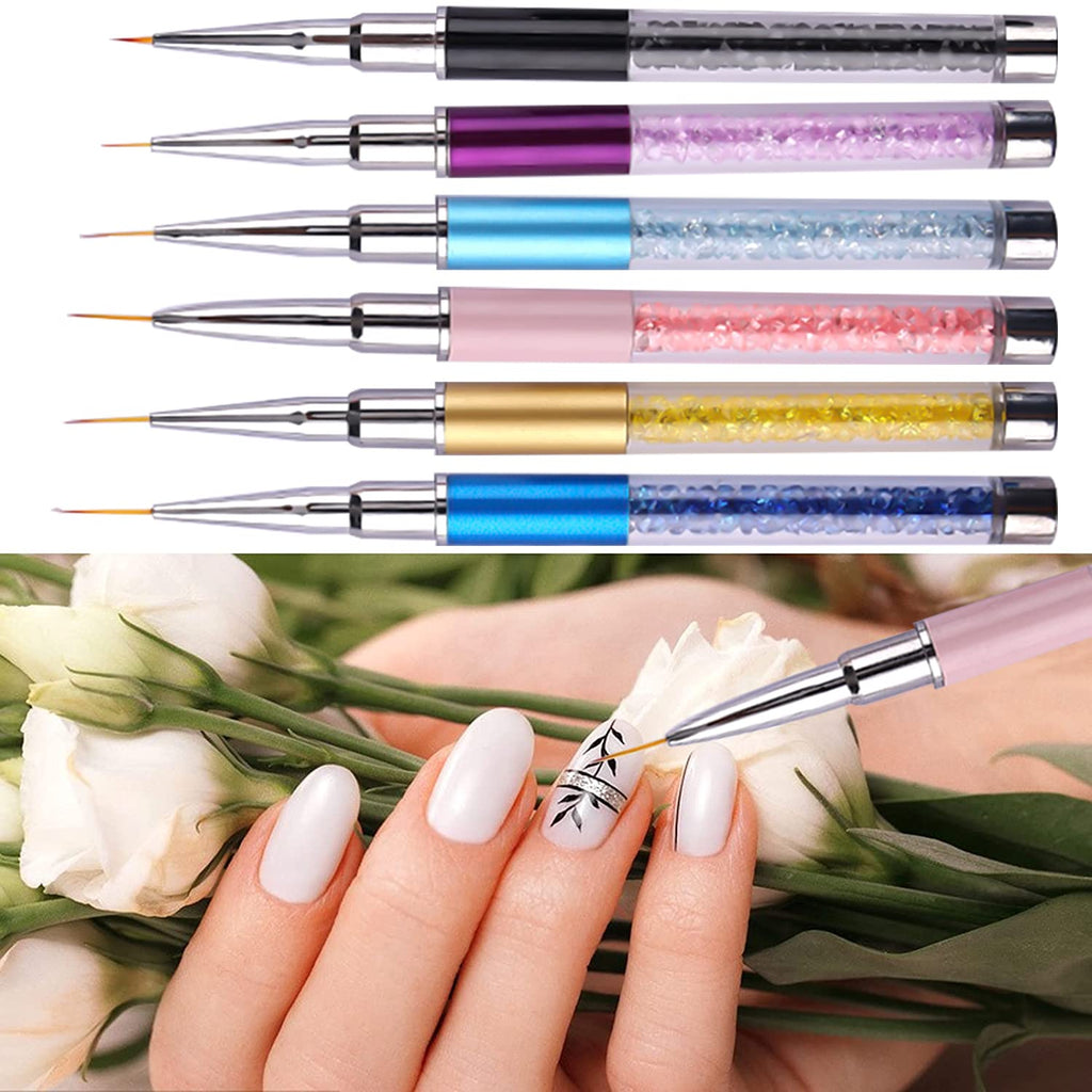 WOKOTO 6pcs Thin Nail Art Liner Brush For Nails Professional Nail Art Brushes Set Rhinestone Handle Nail Detail Brush Nail Gel Polish Painting Pens Nail Art Design Brushes Pen Set For Acrylic Nails