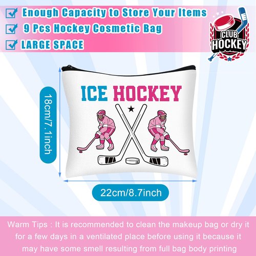 Clysee 9 Pcs Hockey Gifts Makeup Bag for Women Hockey Lovers Players Cosmetic Bags with Zipper Bulk Team Gifts Travel Pouch for Women Mom Athletics Birthday