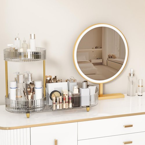 Beborxue Makeup Organizer Countertop for Vanity, 360 Rotating Cosmetic Skincare Perfume Organizers, Large Capacity Cosmetic Display Case for Dresser, Bathroom Countertop (Clear)