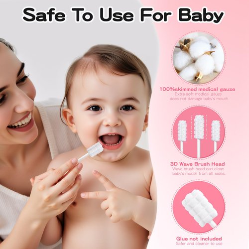 RoseFish 50Pcs Baby Tongue Cleaner for 0-36 Month No Glue Disposable Baby Mouth Oral Cleaner Infant Toothbrush Gum Cleaner 3D Soft Infant Tongue Cleaner+1PCS Finger Toothbrush