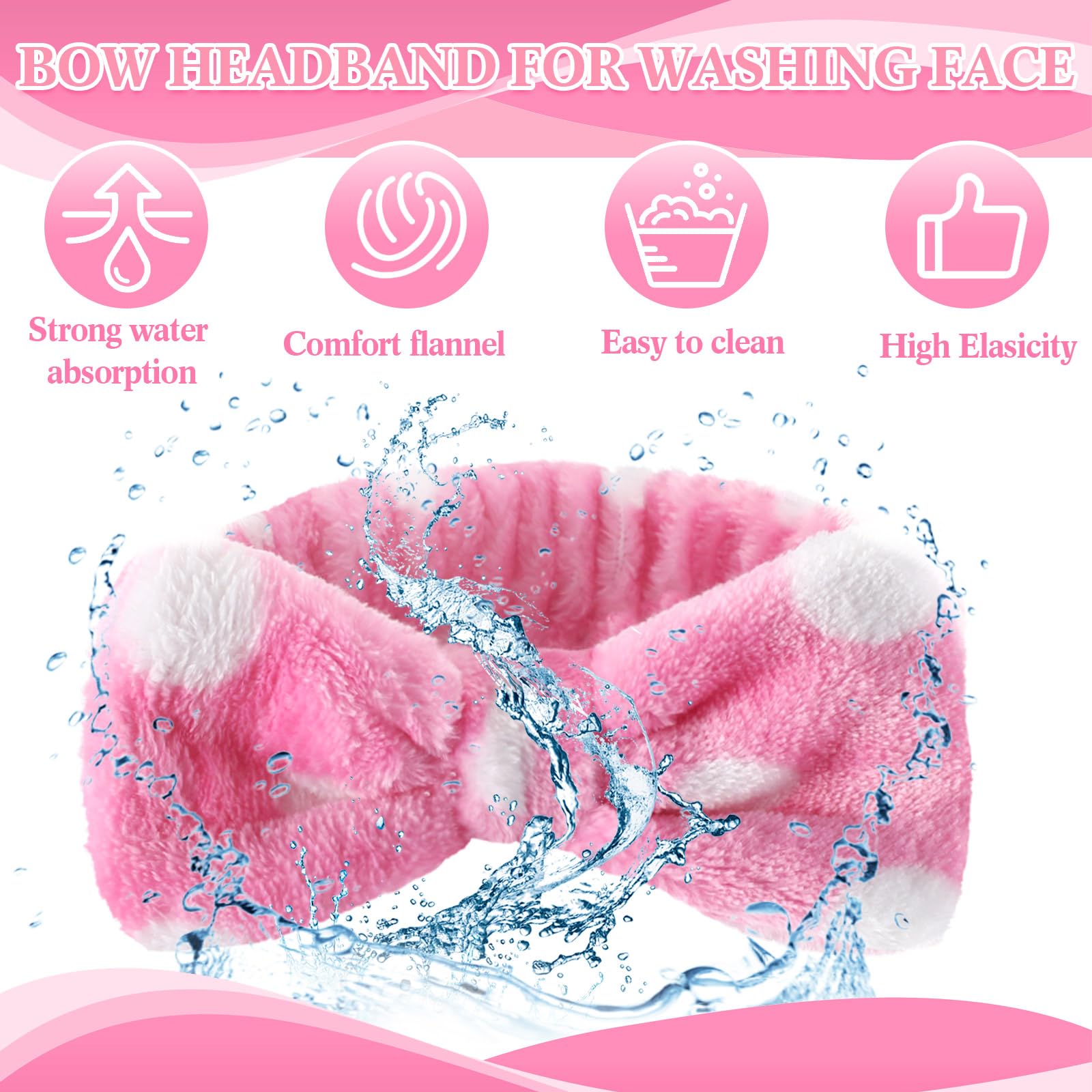 Wavyknot 50 Pcs Pink Spa Headband Bulk Spa Sleepover Party Supplies for Washing Face with Removable Bow Makeup Elastic Bowknot Headbands for Women Gifts Soft Skincare Microfiber Hairbands(Dots Style)