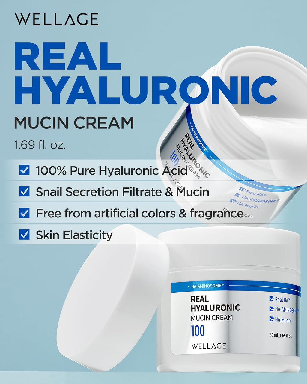 WELLAGE Real Hyaluronic Mucin Cream - Hydrating Daily Face Gel Moisturizer with Snail Mucin - 1.69oz