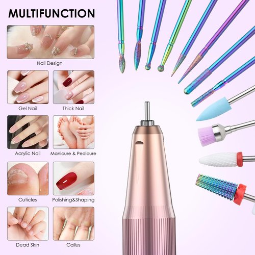 HOMEASY Electric Nail Drill, 40000RPM Professional E-Filer Rechargeable with 15 Drill Bits, Portable Nail File Electric Nail Filer for Acrylic Nails Gel Polishing Removing for Salon Home (Purple)