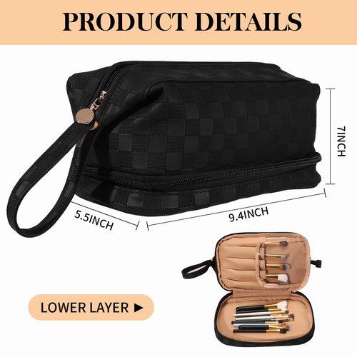 Abiudeng Large Makeup Bag for Women,Travel Makeup Organizer with Brush Holder, Dopp Kit Essentials,Waterproof Checkered Cosmetic Bag for Traveling,Multi Compartment,Cute,Spacious Capacity-Black