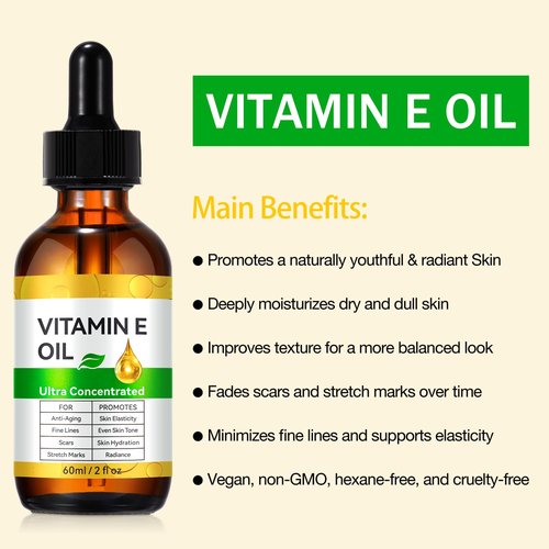 Liefiet Vitamin E Oil, Pure Vitamin E Oil for Skin, Scars, Nails and Scalp, Face and Body Moisturizer, Hydrating Dry Skin, Reduce Stretch Marks, Fine Lines & Wrinkles, 2Fl Oz (Pack of 2)