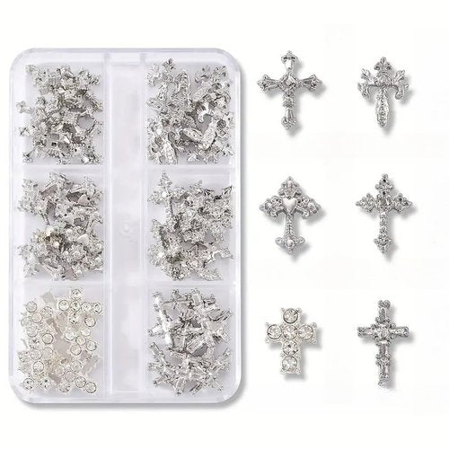 3D Cross Nail Charms for Nail Art, 60 Pcs Metal Crystal Cross Nail Decorations, Alloy Nail Studs and Rhinestones for Women Girl DIY Jewelry Crafts Supplies (Silver)