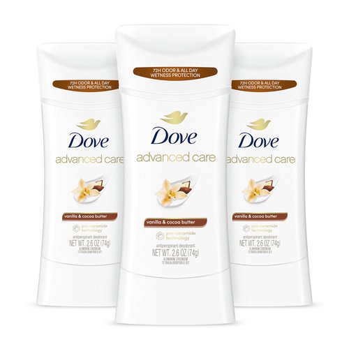 Dove Advanced Care Antiperspirant Deodorant Stick Vanilla & Cocoa Butter 3 Count Antiperspirant deodorant with Pro-Ceramide Technology 72-hour odor control and all-day sweat protection 2.6 oz