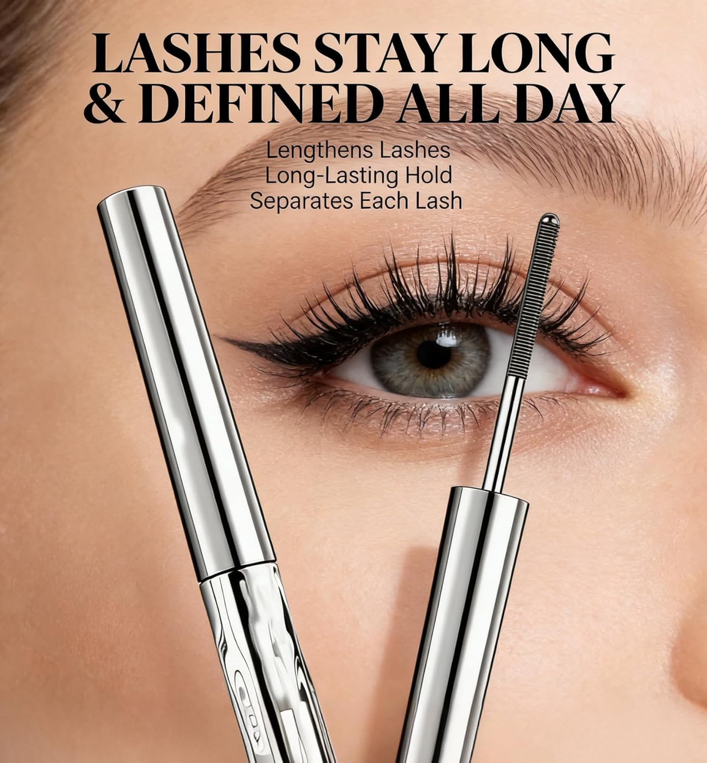 Upgraded Iron Metal Wand Mascara - Waterproof, Long-Lasting 3D Curling Formula | Smudge-Proof & Flake-Free (Black)