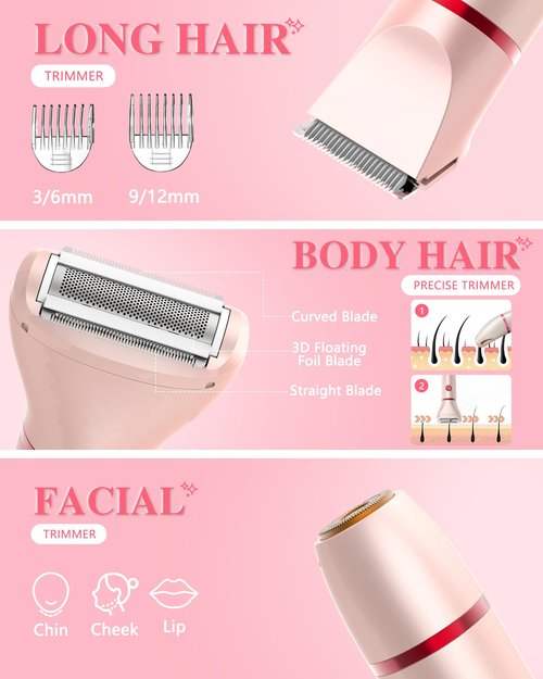 3-in-1 Bikini Trimmer for Women, Electric Razors Shaver for Public Hair - Rechargeable Body Hair Trimmer, Portable Detachable Removal Kit, lPX7 Waterproof Lightweight with LED Display, Gift for Women