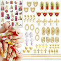 65pcs Virgin Mary Cross Gold Nail Charms 3D Heart Angel Rose Flower Alloy Rhinestones for Acrylic Nail Art Religious San Judas Nail Stickers Chains Gems Jewels Manicure Decoration Supplies DIY