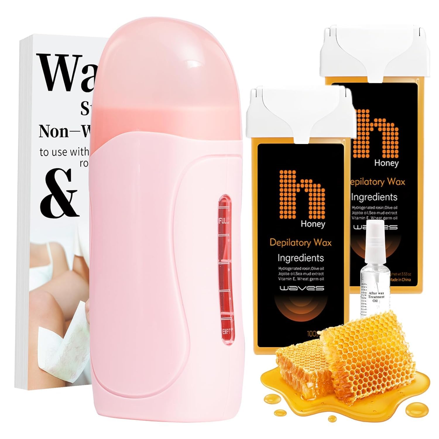 Waxpro Roll On Wax Kit, Wax Roller Kit - Waxing Kit for Women & Men with 2 Honey Wax Refills & 50 Wax Strips, Home Hair Removal for Body and Legs, Easy Painless & Smooth