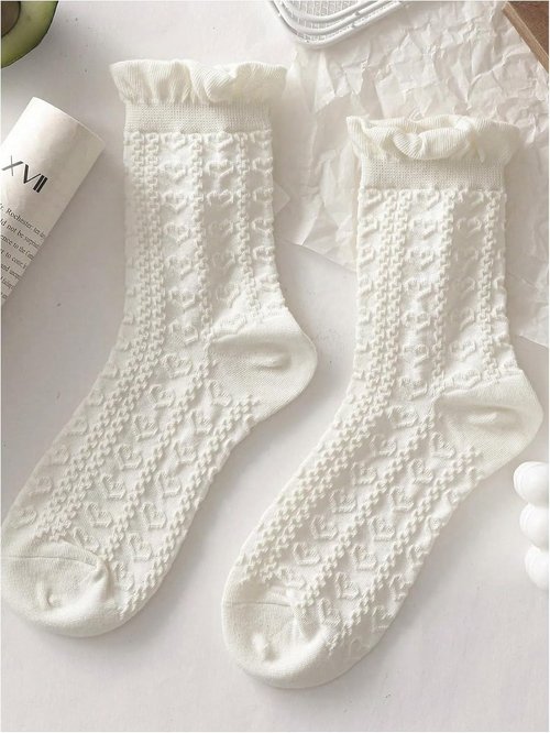 SHENHE Women's Cute Ruffle Crew Socks - 5 Pairs with Bow Print | Knitted Mid Calf Design