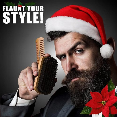 Beard Brush Kit, Comb and Brush Set for Men - Natural Boar Bristle Brush, Dual Action Wood Comb