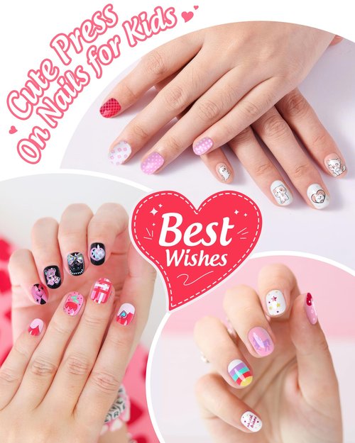 120PCS 5 Pack Press on Nails for Kids,Tweens Girls Soft Fake Nail Kit, Reusable Creative Design Nails, Full Cover Glitter Stick on Nails Girl Nails for Ages 8-12