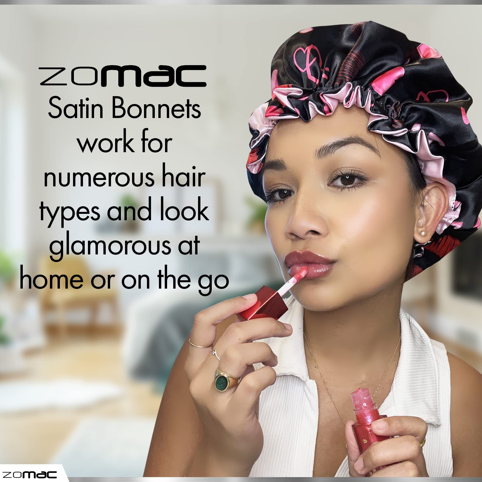Zomac Satin Bonnet with 14 in 1 Miracle Worker Hair Moisturizer, Shampoo, and Conditioner Gift Set. Includes Gift Bag. Pamper Yourself or a Friend (Hearts)