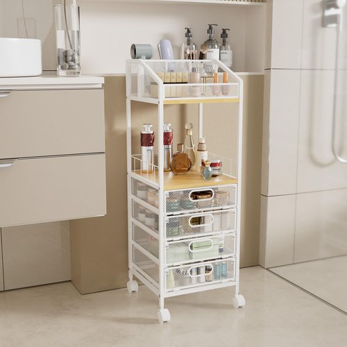 HapiRm Makeup Organizer Storage Cart - Floor Skincare Make Up Storage with 4 Drawers, Rolling Makeup Cart Vanity Organizer Cosmetics Display Cases Holder for Skin Care Perfume Nail Polish