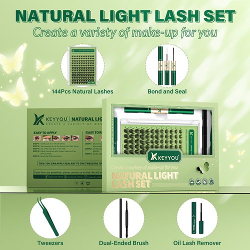 KEYYOU Natural Lash Clusters Kit 144Pcs DIY Lash Extension Kit Wispy Eyelash Extensions Kit D Curl 8-18MIX with Bond and Seal and tweezers with Thin Lash Band(KIT-N03-D-8-18MIX)