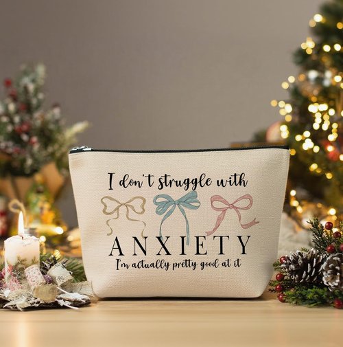 Nihilform Funny Makeup Bag, Humor Anxiety - Themed Makeup Bag，“I Don’t Struggle with Anxiety” Funny Design，Gift for Mental Health Advocates, Self - Care & Relatable Humor, 10x7 Inch Khaki