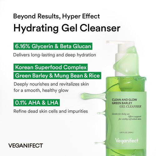 VEGANIFECT Hydrating Gel Face Wash, Citric Acid + LHA + Glycerin + Beta Glucan, Gentle Cleanser, Oil Free, Sensitive Skin, Dehydrated Skin, Korean Skin Care, Big Size (205ml/6.93 fl oz)
