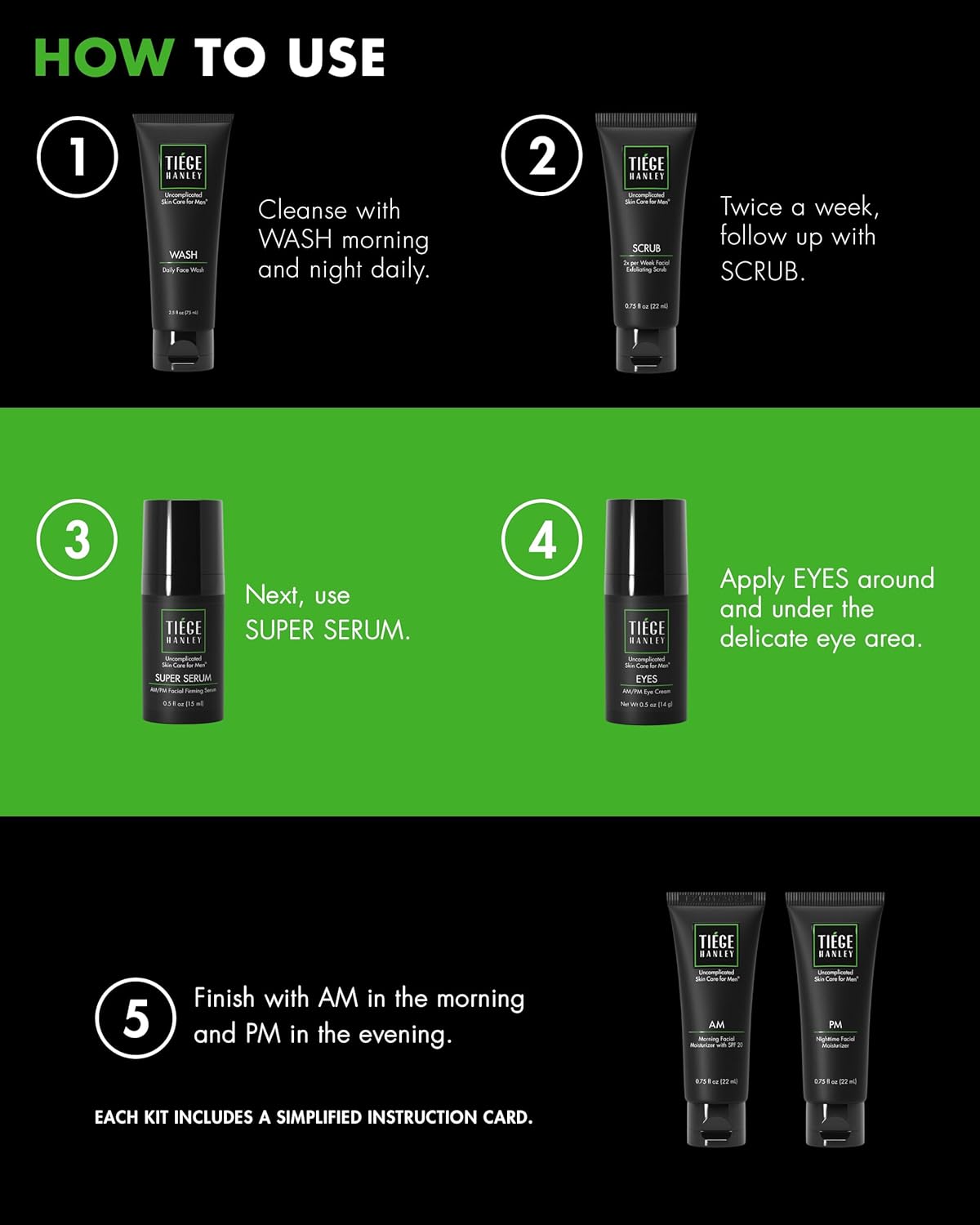 Tiege Hanley Skin Care Set for Men - Anti-Aging Routine | Level 3 Daily Wash, Scrub, Moisturizers & Eye Cream