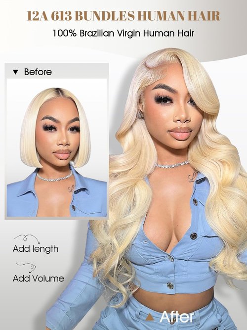 613 Blonde Body Wave Bundles Human Hair 14 Inch 613 Bundle 100% Unprocessed 12A Grade Brazilian Virgin Hair Bundles 1 Single Bundle Human Hair 613 Blonde Bundle Human Hair Extensions for Women