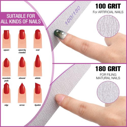 150 Pcs 100/180 Grits Nail Files Bulk Doubled Sided Emery Boards Reusable Curved Coarse Nail Buffers Manicure Tools for Acrylic Natural Toenails Home and Salon Use