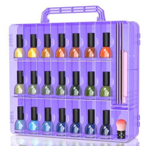 SUBAY Portable Nail Polish Organizer, Clear Double Side Nail Polish Holder,Gel Nail Storage for 48 Bottles with 6 Adjustable Dividers in Each Side Space Saver, Purple