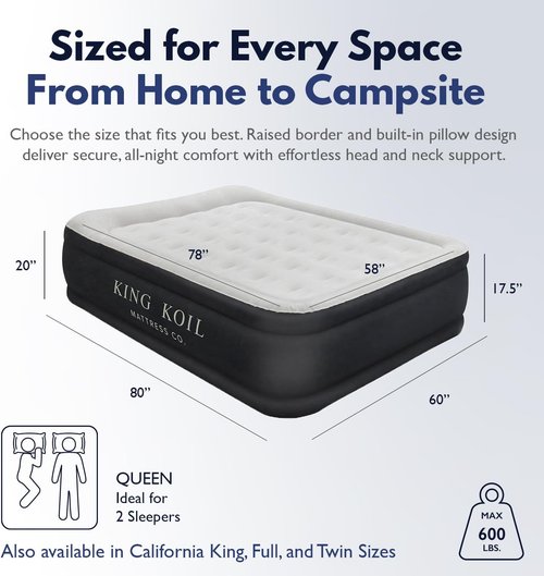 King Koil Queen Air Mattress - Luxury Pillow Top with Built-In Pump | Waterproof, 20" Height, Ideal for Home & Camping