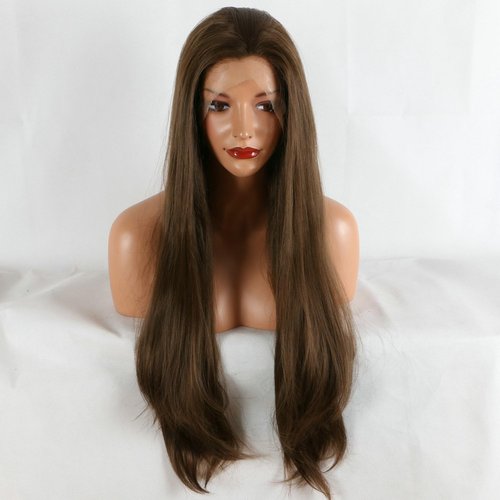 Kalisa Brown Lace Front Wig for Women High Density Long Silky Straight Dark Brown Natural Color Glueless Wig Heat Resistant Fiber Synthetic Pre Plucked Wigs for Daily Wear 24inch