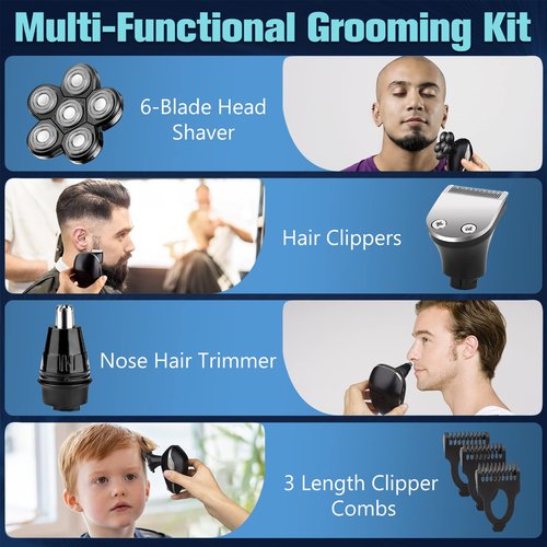 Electric Head Shavers for Bald Men, Upgraded 6-in-1 Waterproof Wet/Dry Grooming Kit Electric Shaver for Men, Cordless Rechargeable Bald Head Razor for Home&Travel