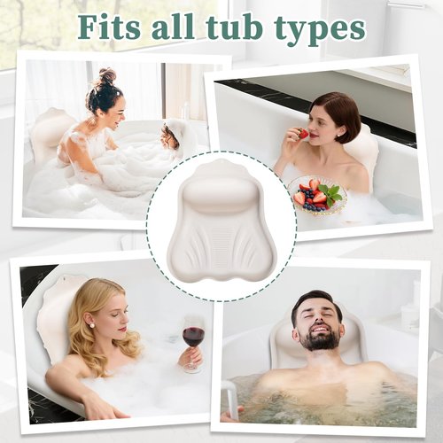 Luxury Silicone Bath Pillow for Tub, New Cloud-Soft 4D Air-Cushion Bathtub Pillow for Head and Neck & Back Support, Strong Suction Cups, Waterproof Quick-Dry Bathtub Headrest (White)