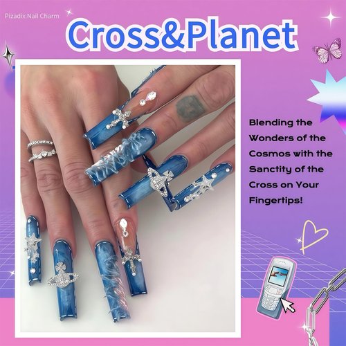 Pizadix 105 Pcs 3D Silver Nail Charms Y2K with Versatile Elements: Dollars, Crosses, Bows, Butterflies,Hearts Rhinestones, 3D Planets and Stars for Nail Art Decoration