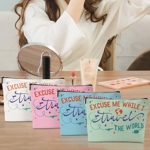 4 pcs Funny Travel Gifts for Women Makeup Bag Travel Essentials Cosmetic Bag Traveling Toiletry Bags Flight Vacation Gifts for Friend Mom Travelers Girls Trip Weekend Birthday Mothers Day Christmas