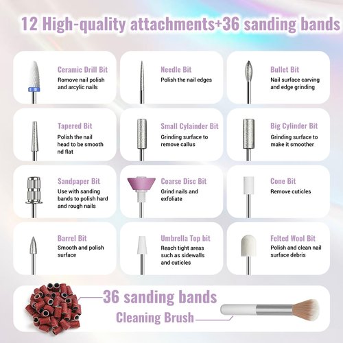 Denabuty Electric Nail Drill Cordless, 35000RPM Portable Electric Nail File with LCD Display and 12 Nail Drill Bits for Acrylic & Gel Nails, Professional Manicure & Pedicure Kit Set Silver