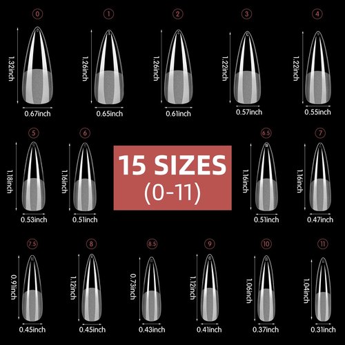 BEAUTPAL Long Stiletto Gel Tips 510pcs Almond Press on Nails Pre-shape Almond Nail Tips for Full Cover Acrylic False Nails For Nail Extension Nail Art, DIY Salon 15 Sizes Soft Gel Nail Tips