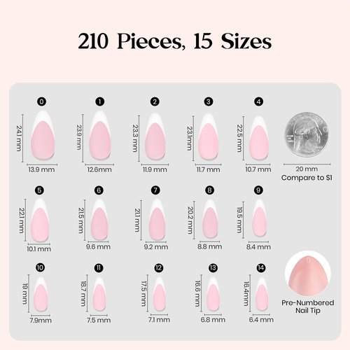 Beetles French Tips Press On Nails-210 Pcs Pink French Tip Nails Medium Almond Fake Nail Tips, Soft Gel Nails False Nails Art DIY Gift For Women