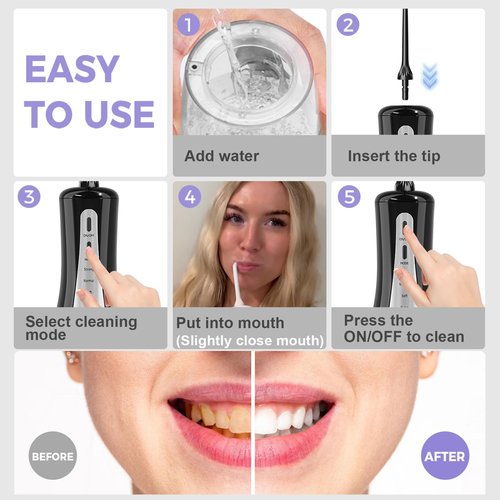 GOLDANT 2026 New 350ML Water Flosser with Drainage & Storage Stand, Keeps Dry & Clean, 5 Modes, 360°Nozzle, Cordless Rechargeable, IPX7 Waterproof, Portable for Home & Travel (Black)