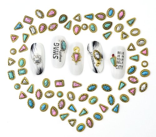SIXAOAZZ 60 Piece Set of Turquoise Gemstone Pendants - 3D Nail Accessories with Hollowed Out Design, Vintage Pendants Suitable for DIY and Western Nail Art, Blue